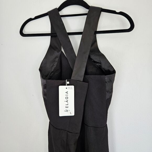 NWT Elagia Formal Black Cross Neck Satin Sleeveless Wide Leg Jumpsuit Romper L - Picture 14 of 16